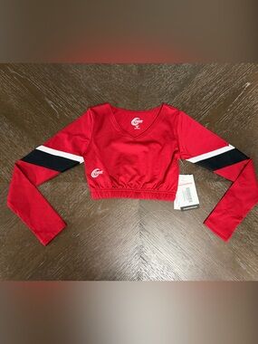 Red Long Sleeve Cropped Athletic Top with Black & White Stripe